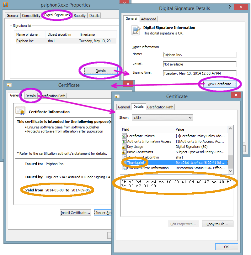 Luồng hộp thoại cần có để tìm dấu vân tay của chứng chỉ cho Psiphon cho Windows.