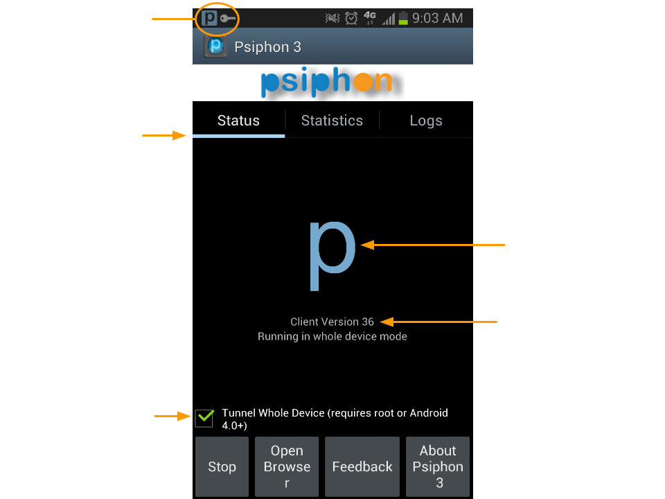 Image showing Psiphon running on Android, on the status panel