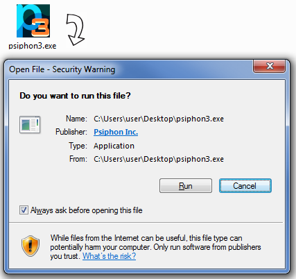 Image showing the Windows security warning for the Psiphon executable