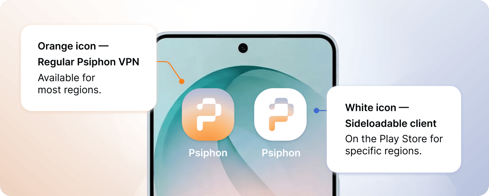 Os dois ícones do aplicativo Psiphon para Android lado a lado: o ícone branco é o cliente instalável via sideload, também na Play Store para regiões específicas; o ícone colorido é a VPN Psiphon padrão com suporte a assinaturas.