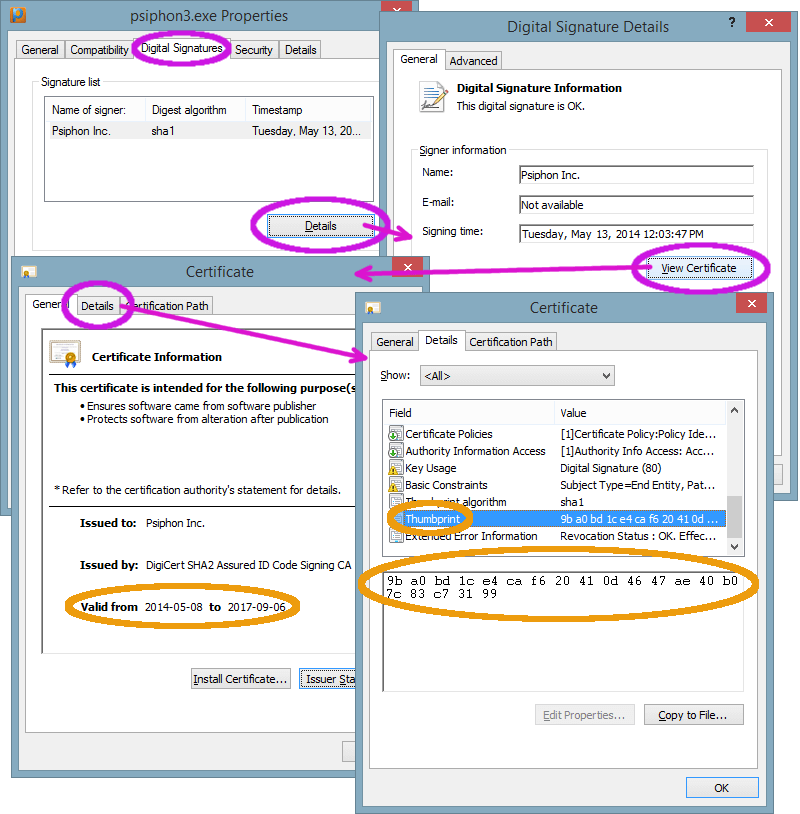 O fluxo de caixas de diálogo necessário para encontrar a impressão digital do certificado para o Psiphon para Windows: Propriedades do arquivo, guia Assinaturas Digitais, Detalhes, Exibir Certificado e, em seguida, a guia Detalhes mostrando a Impressão Digital.