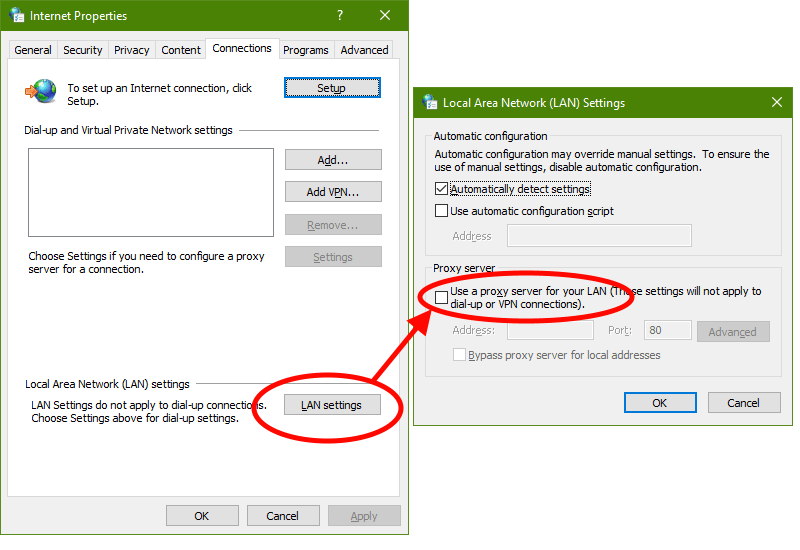 Propriedades da Internet, guia Conexões: o botão Configurações da LAN abre as Configurações da Rede Local (LAN), onde "Usar um servidor proxy para a rede local" está desmarcado.
